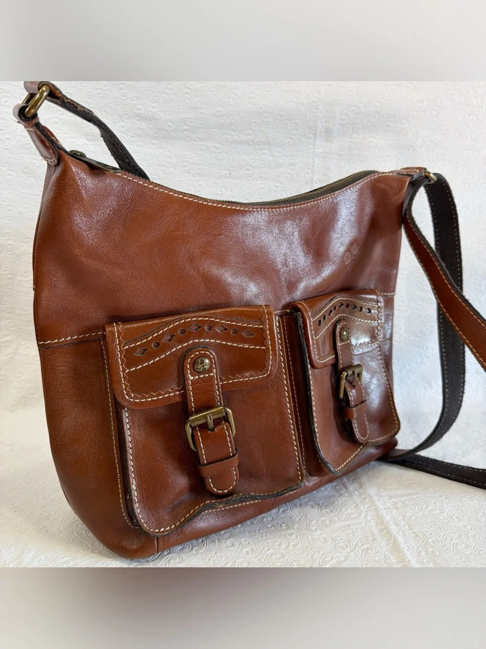 Patricia Nash Bag Brown Italian Leather Purse Zip Top Tote Hobo Crossbody Large